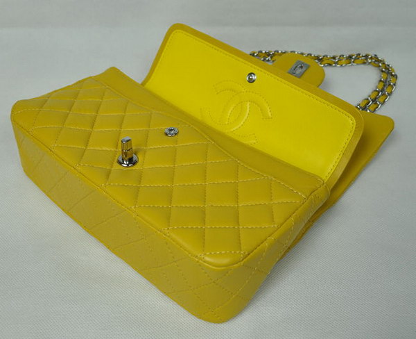 AAA Chanel Classic Flap Bag 1112 Yellow Leather Silver Hardware Knockoff